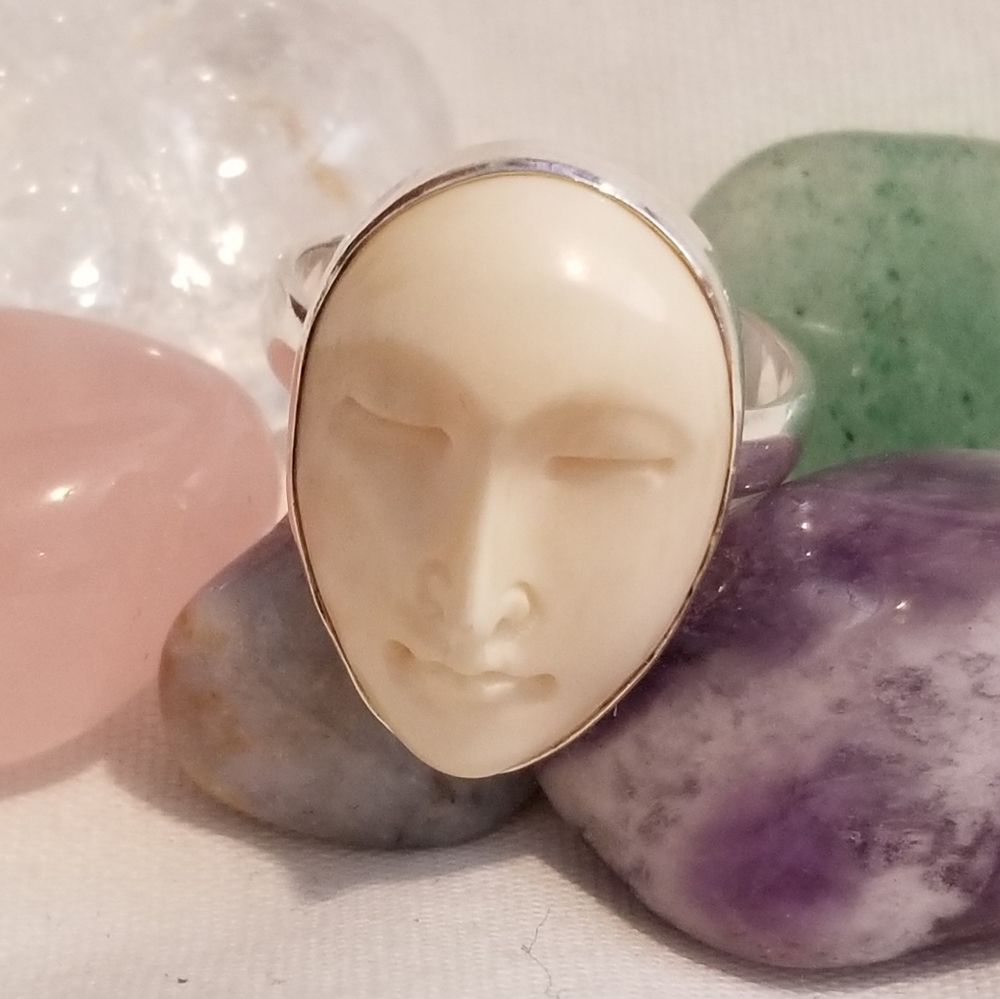 SOLD ON WHATNOT Handcarved Bone Goddess Face Silver Ring